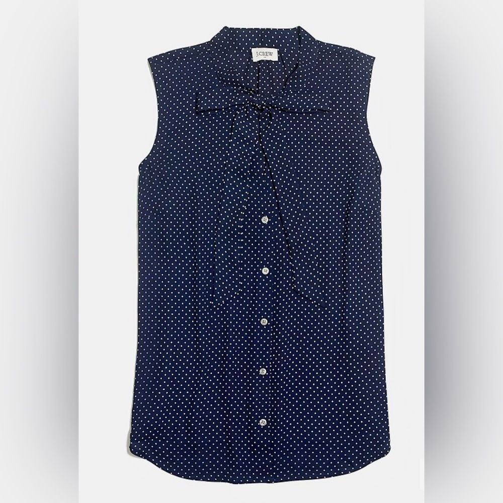 Jcrew Sleeveless Navy polka dot tie-neck top, size XL